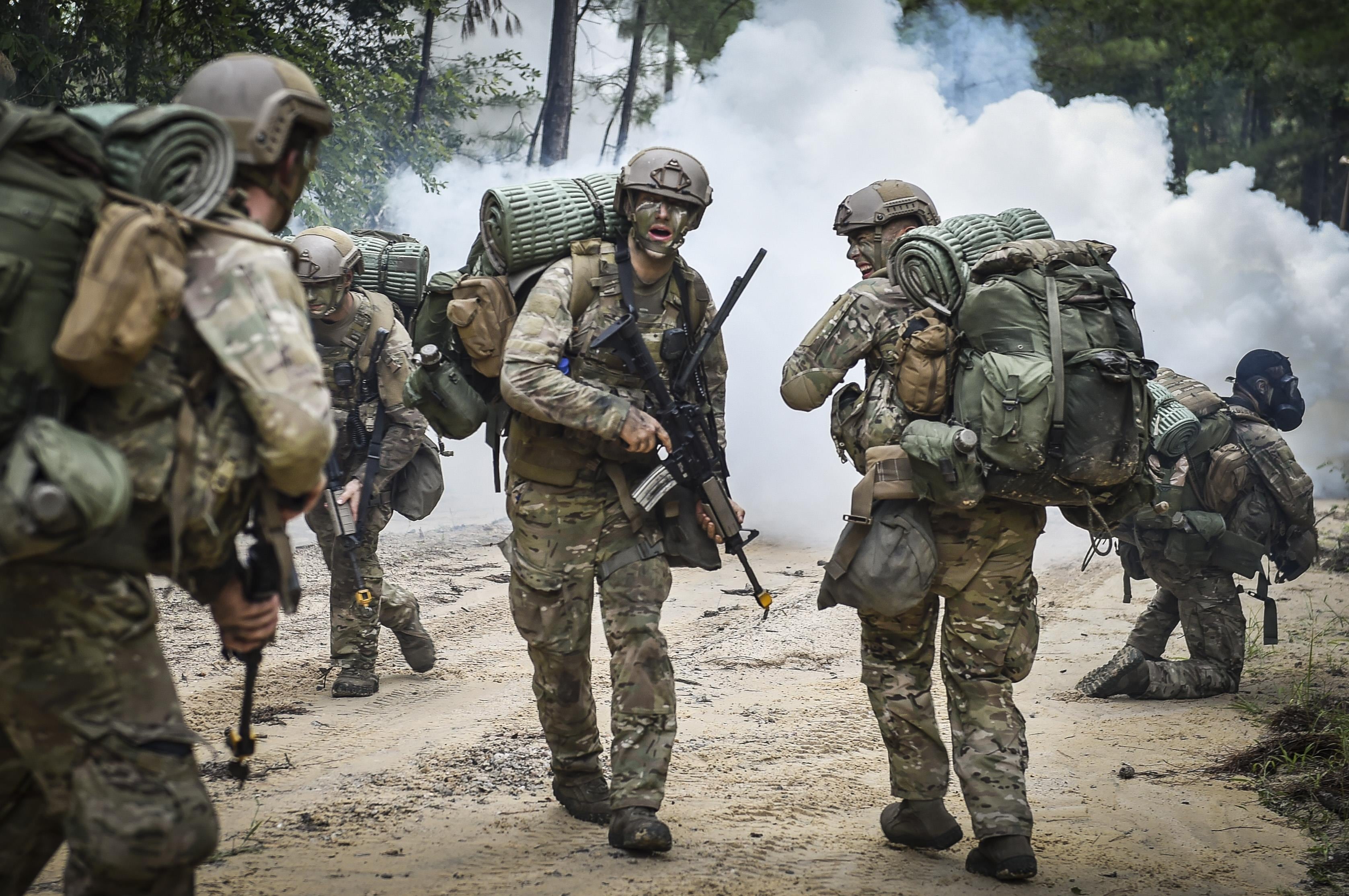 Combat Control School students assigned to the 352nd Battlefield Airman Training Squadron are ambushed at their drop-off point during a tactics field training exercise at Camp Mackall, N.C., Aug. 3, 2016. The FTX is a culmination of tactics learned in the first year of the combat control team pipeline, which entails weapons handling, team leader procedures, patrol base operations, troop leading and small unit tactics under fire in one mission. (U.S. Air Force photo/Senior Airman Ryan Conroy)