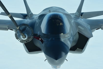 A U.S. Marine Corps pilot lines up a F-35B Lightning II to refuel from a KC-10 Extender on July 4, 2020.