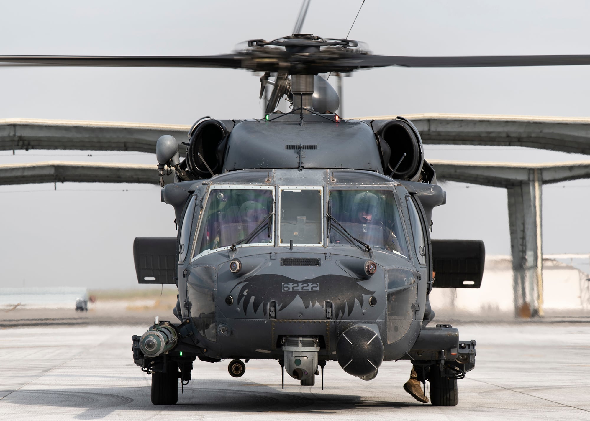 An HH-60G Pave Hawk from the 55th Rescue Squadron turns its rotors as part of a pre-flight inspection, Aug. 17, 2020, at Mountain Home Air Force Base, Idaho.