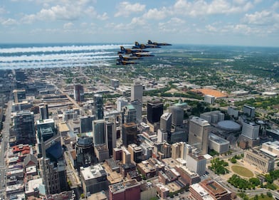 The U.S. Navy Flight Demonstration Squadron, the Blue Angels, honored frontline COVID-19 first responders and essential workers with formation flights over Nashville and Little Rock on May 14, 2020.