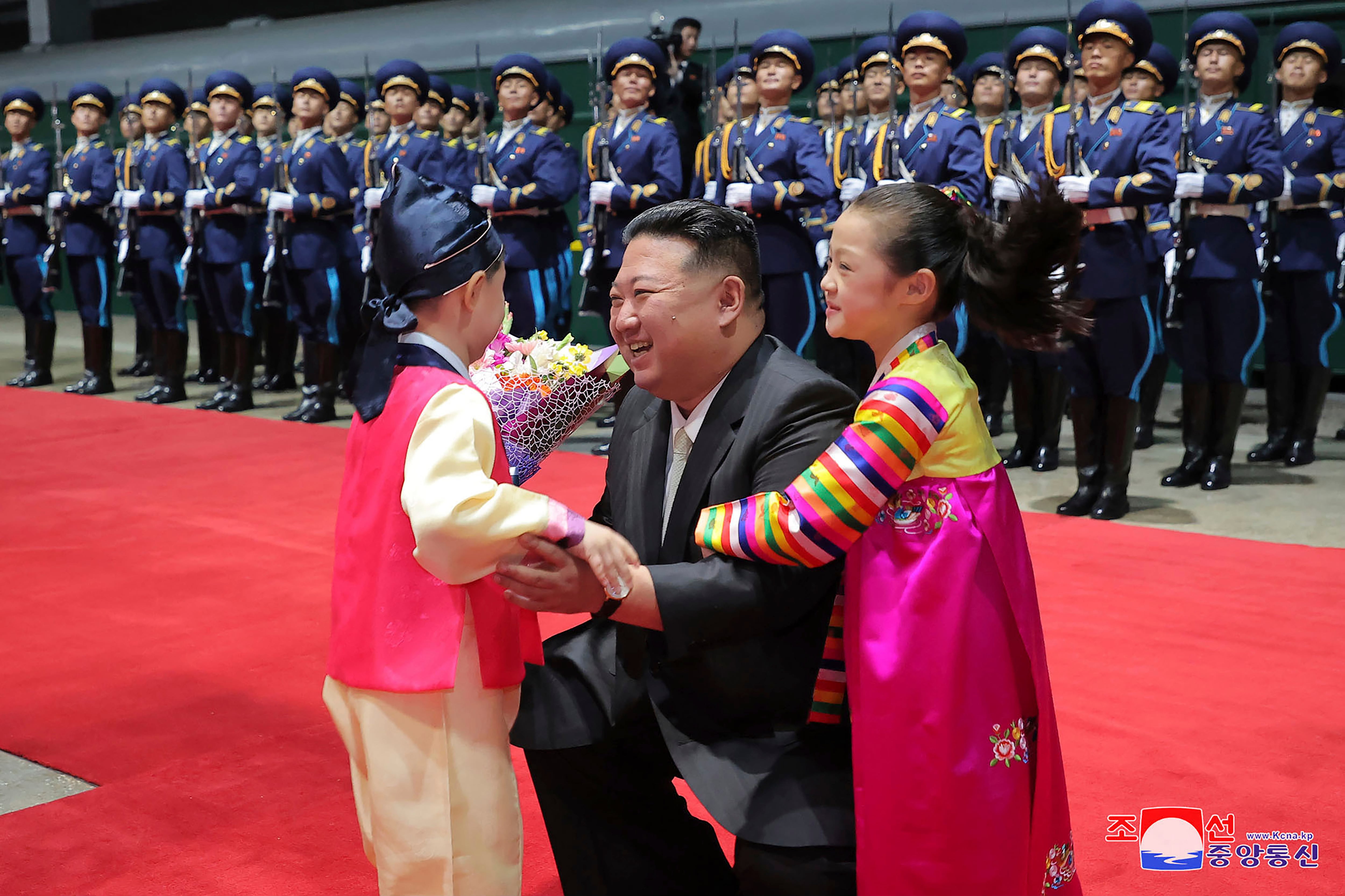 In this photo provided by the North Korean government, North Korea leader Kim Jong Un, center, arrives at Pyongyang station, North Korea Tuesday, Sept. 19, 2023, after a trip to Russia.