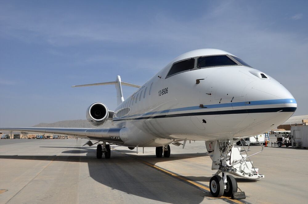 A 430th Expeditionary Electronic Combat Squadron E-11A aircraft outfitted with a Battlefield Airborne Communications Node sits on the runway at Kandahar Airfield, Afghanistan, April 4, 2019. (Capt. Anna-Marie Wyant/Air Force)