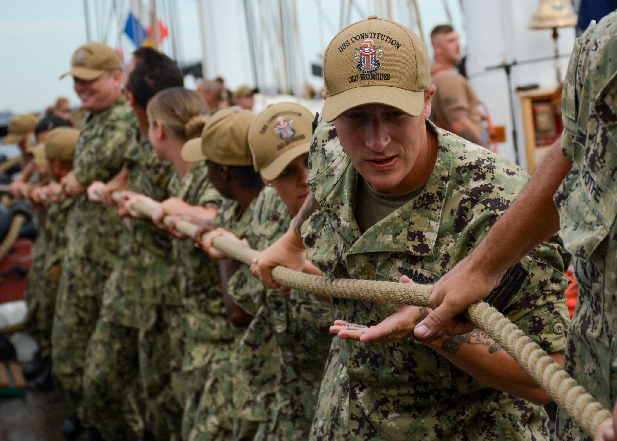 Chief petty officer selects come together for Chief Heritage weeks aboard the oldest commissioned warship afloat in the world, USS Constitution, on Aug. 23, 2019, in Boston.