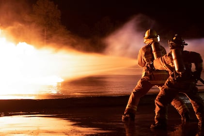 Marine Corps aircraft rescue and firefighting specialists with Headquarters and Headquarters Squadron and Marine Wing Support Squadron 271, conduct live fuel fire burn training on Marine Corps Air Station Cherry Point, N.C., Feb. 3, 2021.