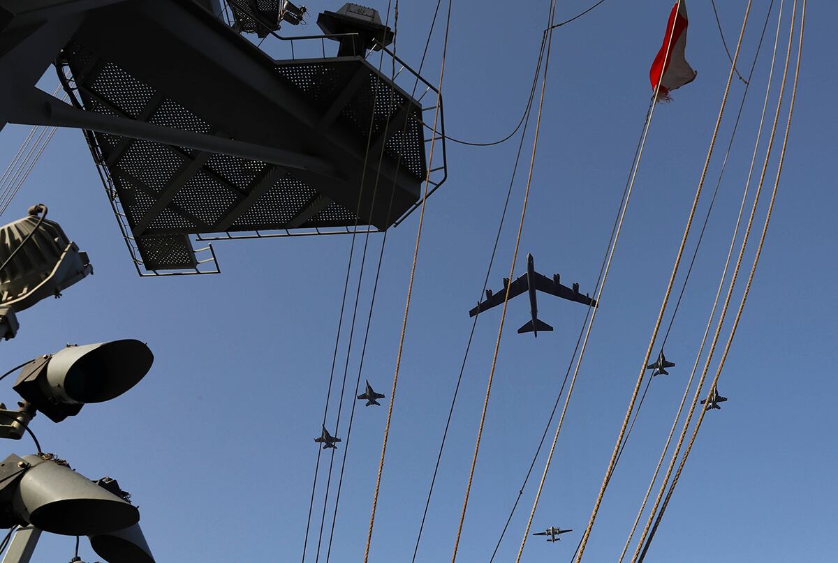 The Abraham Lincoln Carrier Strike Group and a U.S. Air Force B-52H Stratofortress conduct joint exercises in the Arabian Sea on June 1, 2019.