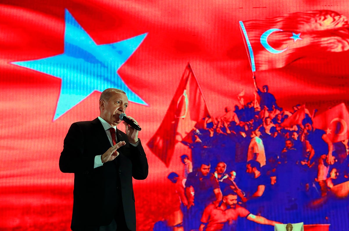 In this file photo dated July 15, 2019, Turkey's President Recep Tayyip Erdogan delivers a speech at a rally to honor the victims of the July 15, 2016, failed coup attempt, in Istanbul.