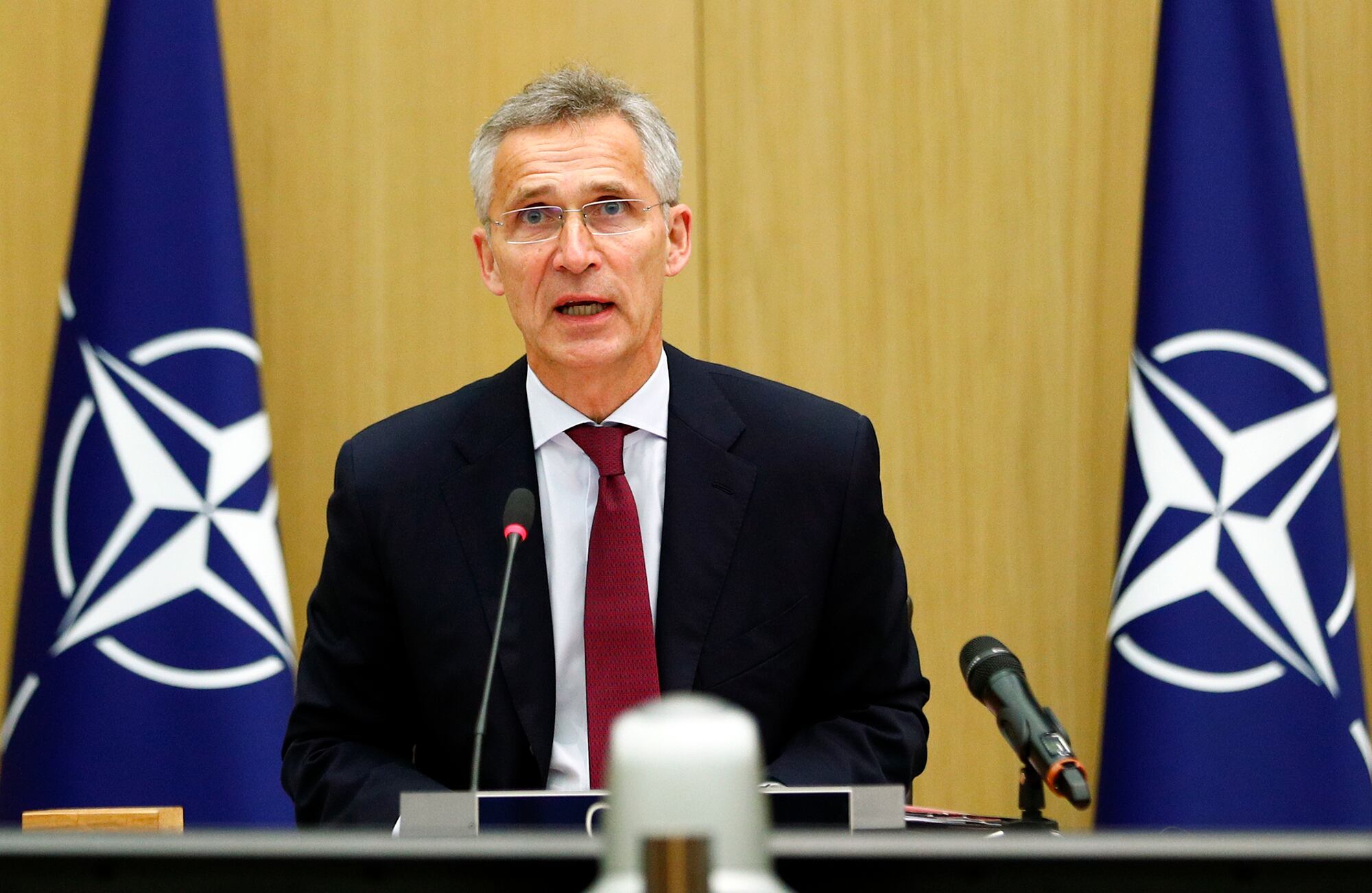 NATO Secretary General Jens Stoltenberg speaks during a video conference of NATO Defense Minister at the NATO headquarters in Brussels on June 17, 2020.