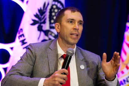 Space Development Agency Director Derek Tournear gestures as he answers a question at the Sea-Air-Space conference in National Harbor, Maryland, on April 3, 2023.