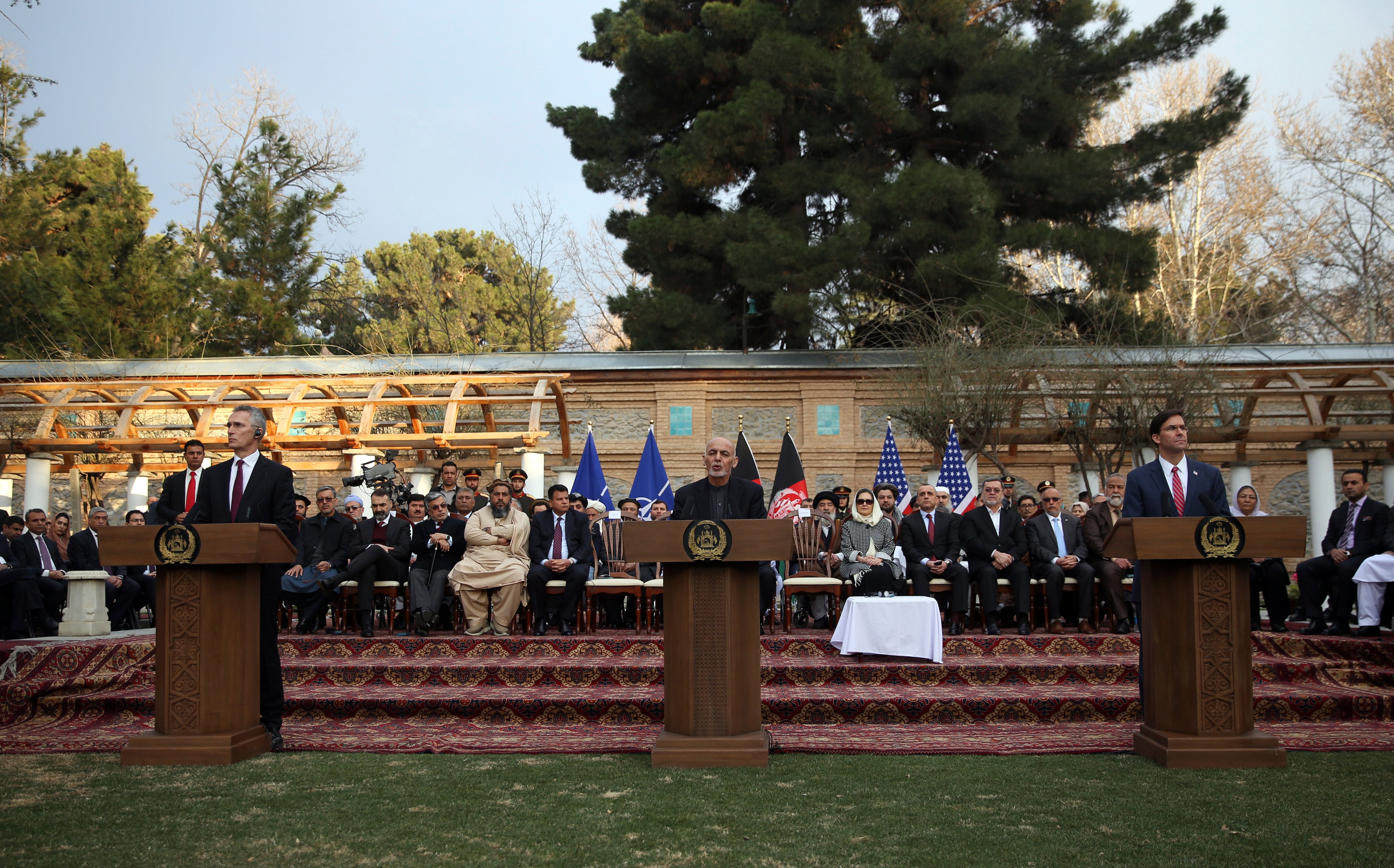 Afghan President Ashraf Ghani, U.S. Secretary of Defense Mark Esper, NATO Secretary General Jens Stoltenberg