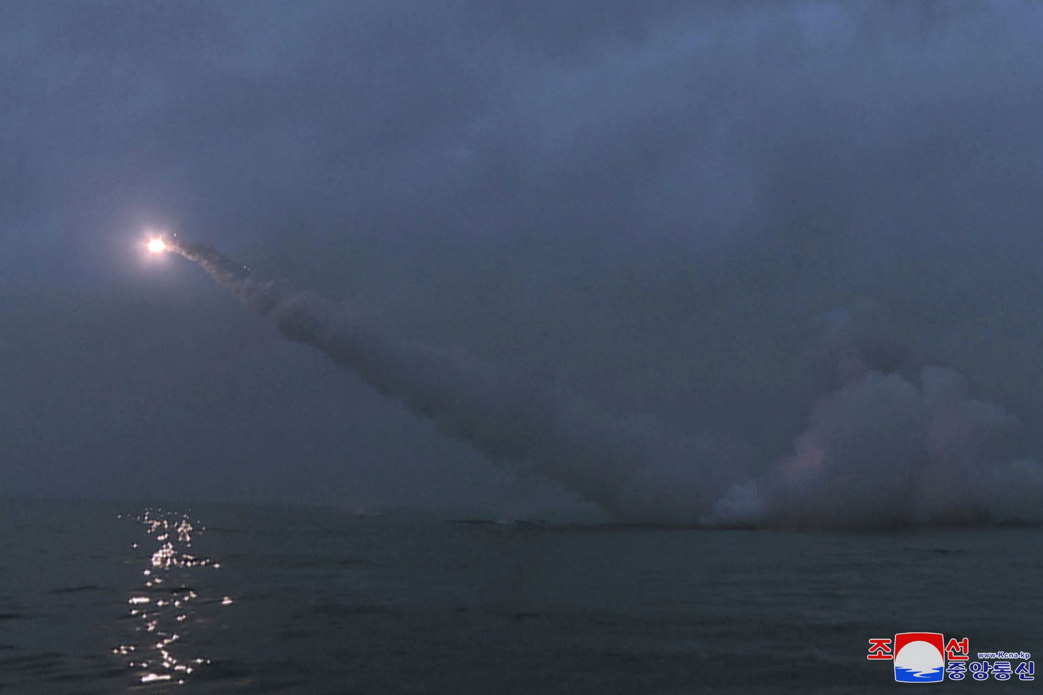 This photo provided by the North Korean government shows what it says is a cruise missile the country test-fired from a submarine off the east coast of North Korea early Sunday, March 12, 2023.