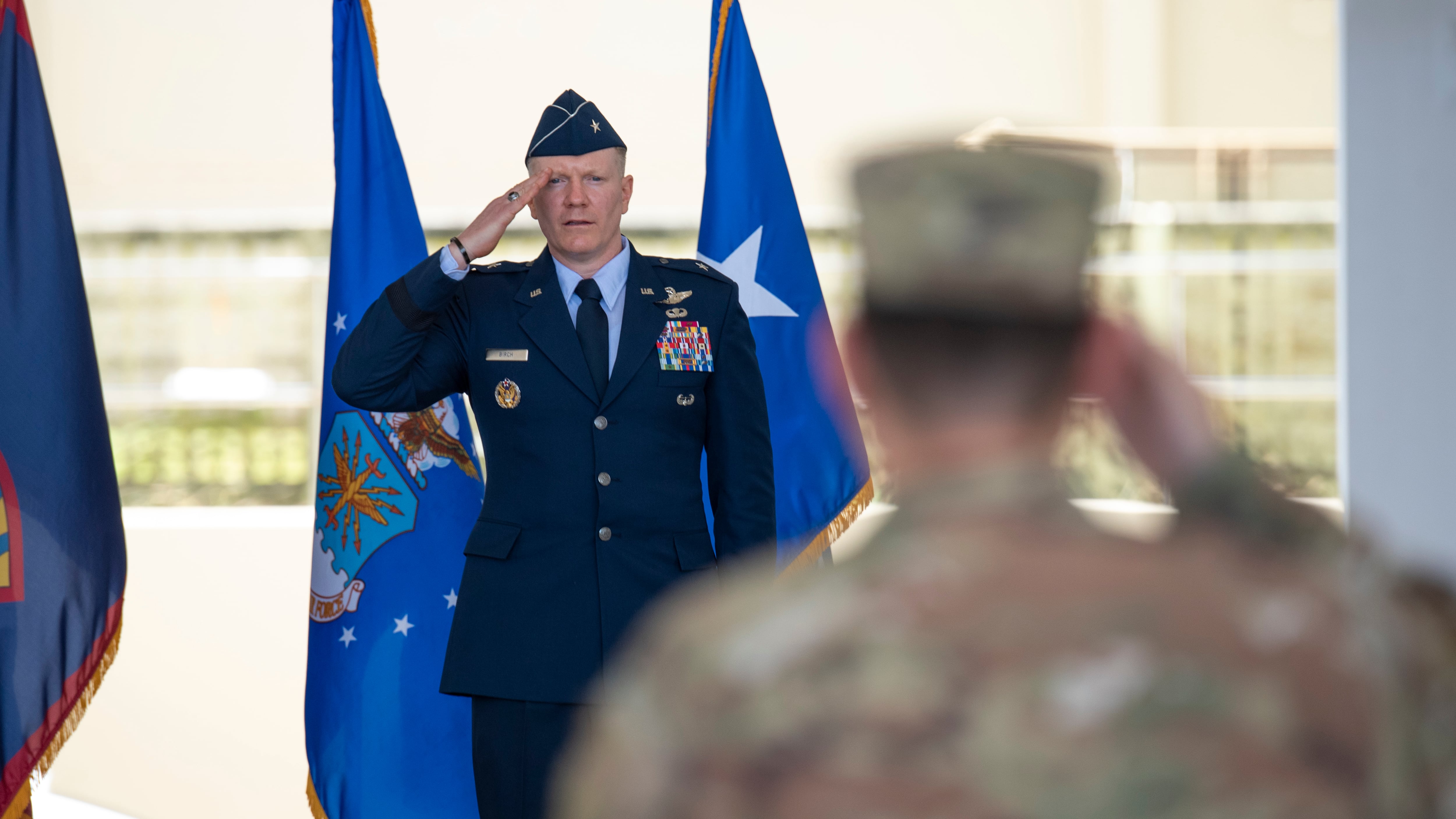 Air Force Brig. Gen. Paul R. Birch renders his first salute during the 36th Wing change of command ceremony, June 10, 2022, at Andersen Air Force Base, Guam.