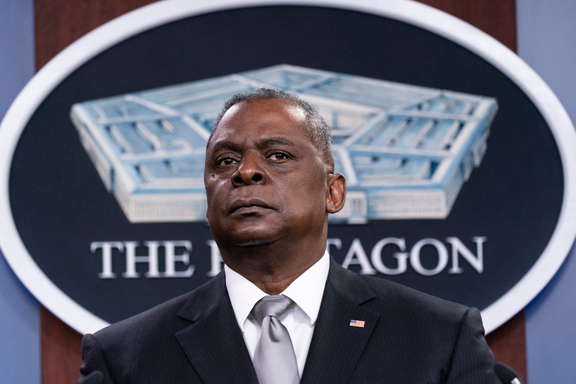 Secretary of Defense Lloyd Austin listens to a question as he speaks during a media briefing at the Pentagon, Feb. 19, 2021, in Washington.