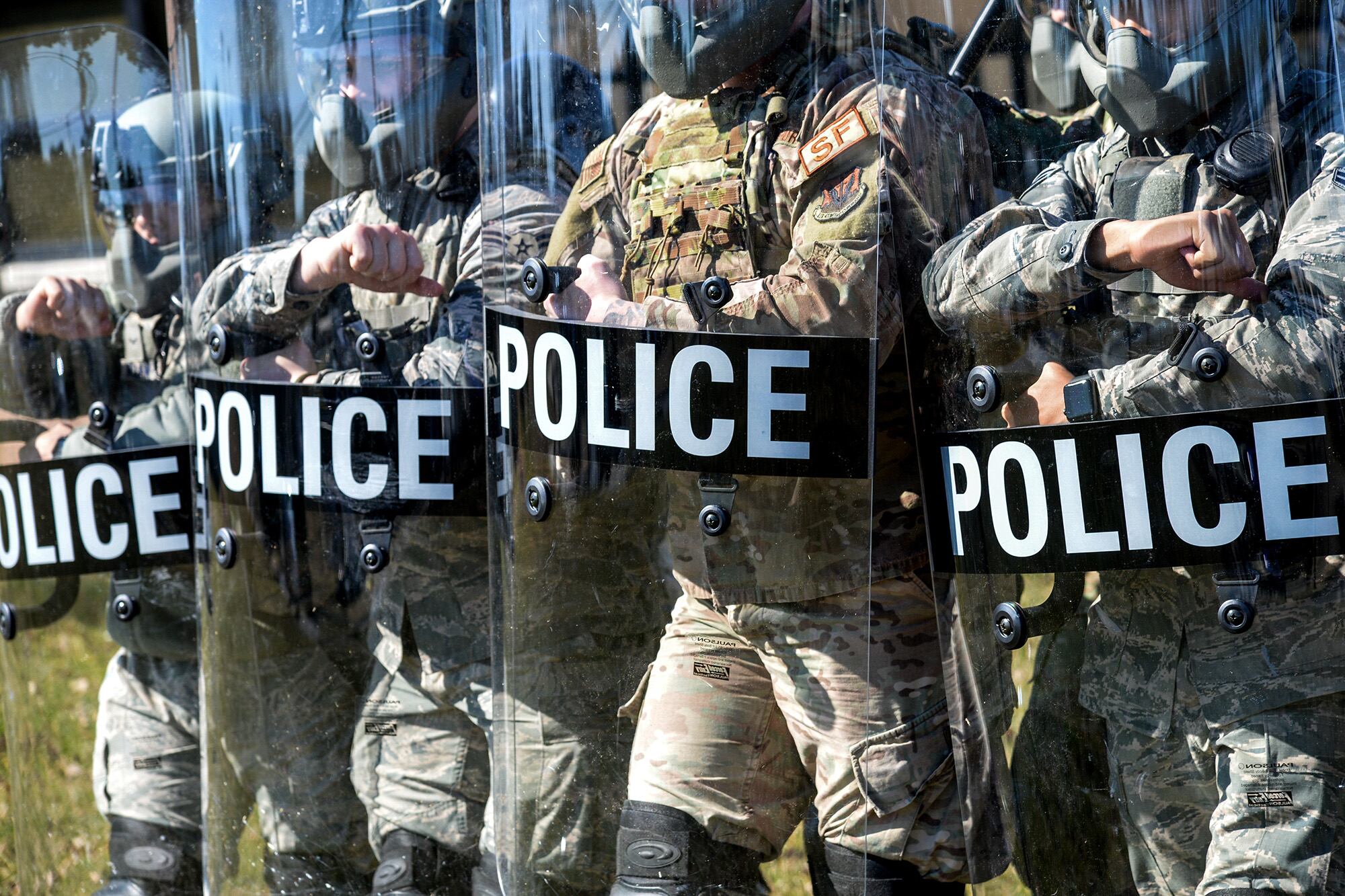 177th Security Forces Squadron airmen form a barrier with riot shields March 7, 2020, at the 177th Fighter Wing, Egg Harbor Township, N.J. The airmen were equipped with riot gear in preparation for a Domestic Operations training exercise.