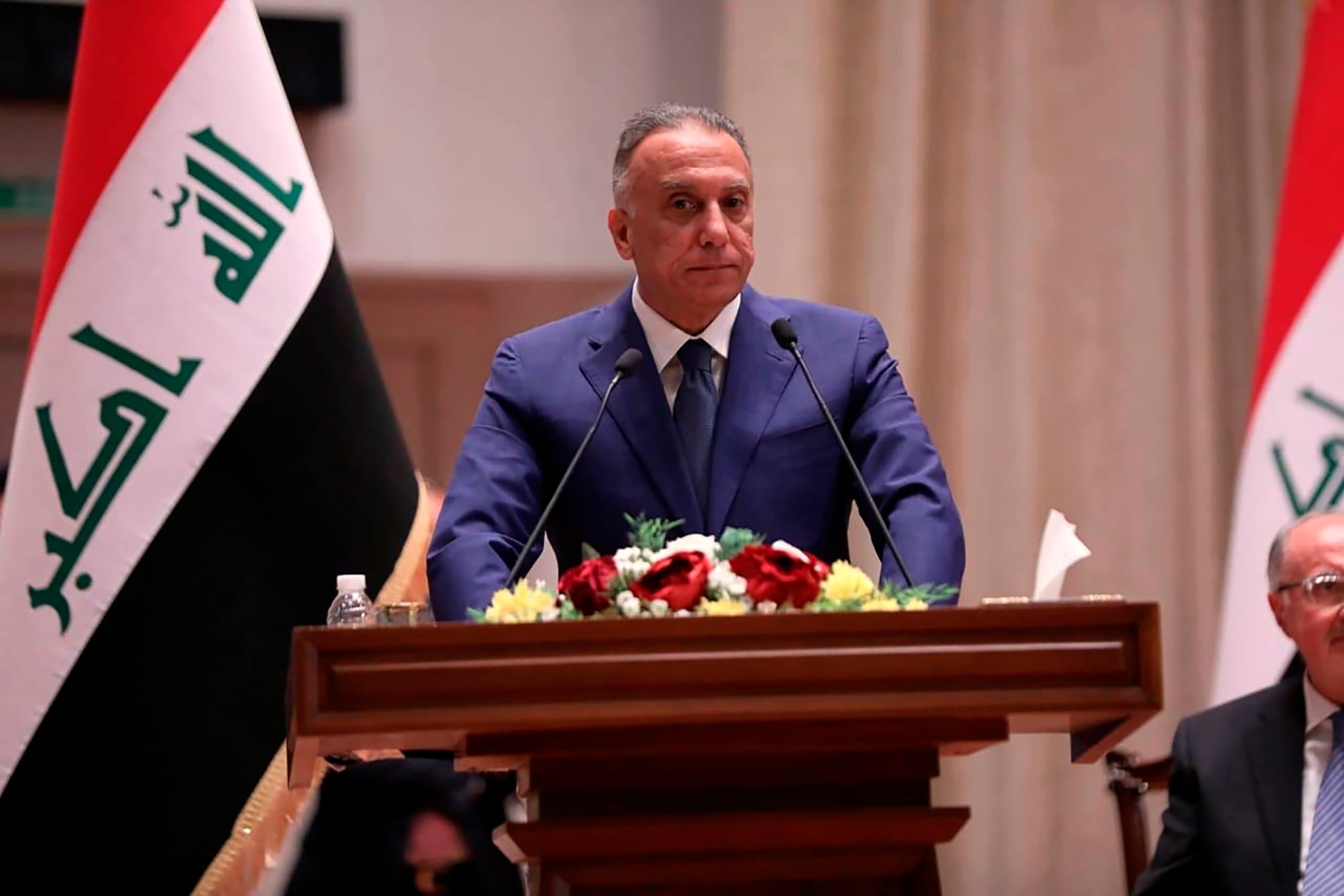 Mustafa al-Kahdimi, Iraqi Prime Minister-designate speaks to members of the Iraqi parliament in Baghdad, Iraq, Thursday, May 7, 2020.