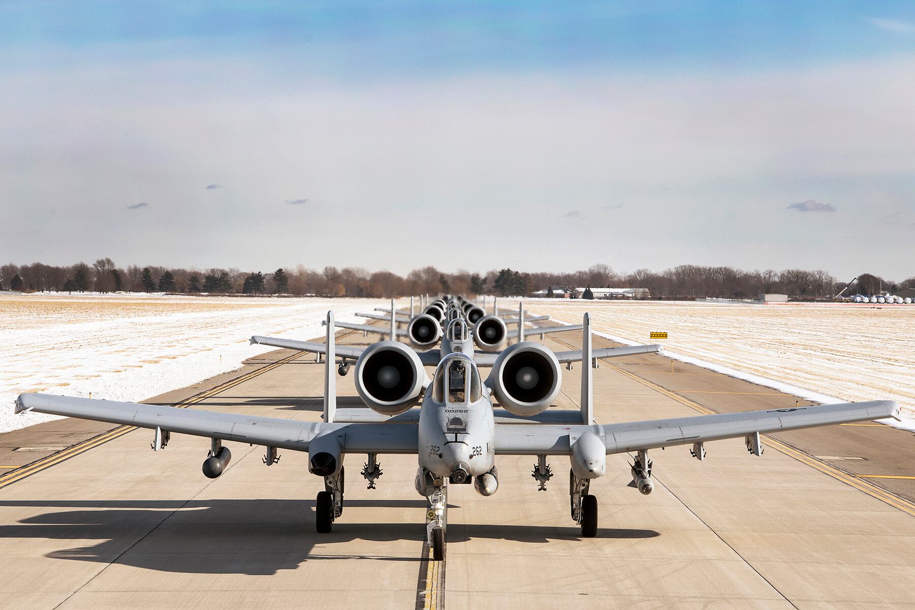 A-10 Thunderbolt II aircraft perform an Elephant Walk on Selfridge runway