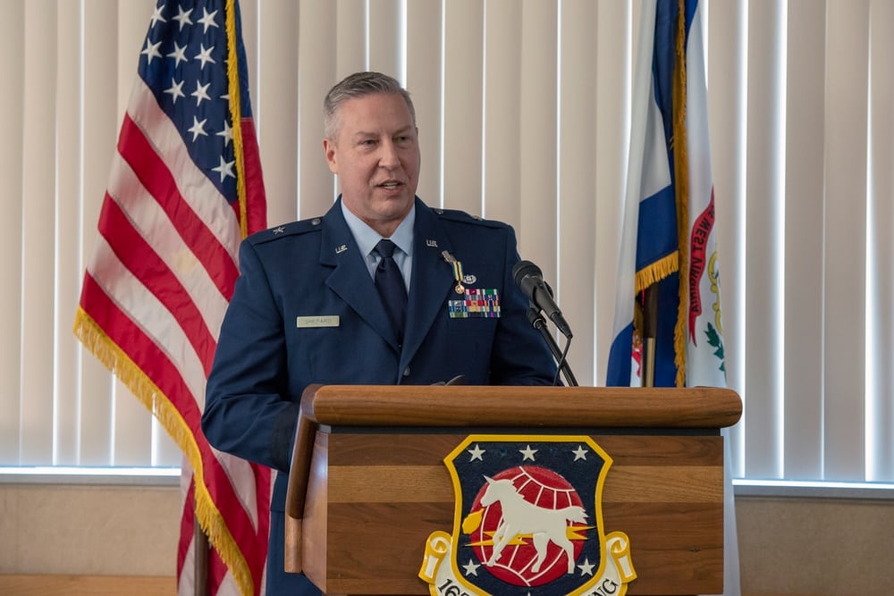 Brig. Gen. Ray Shepard, the former Assistant Adjutant General-Air for the West Virginia Air National Guard, talks about his military career during his retirement ceremony at the 167th Airlift Wing, Martinsburg, West Virginia, Feb. 6, 2022. Shepard served as judge advocate at the 167th for about 12 years before moving on to serve in a number of roles at state headquarters, including director of staff and chief of staff. (Senior Master Sgt. Emily Beightol-Deyerle/Air National Guard)