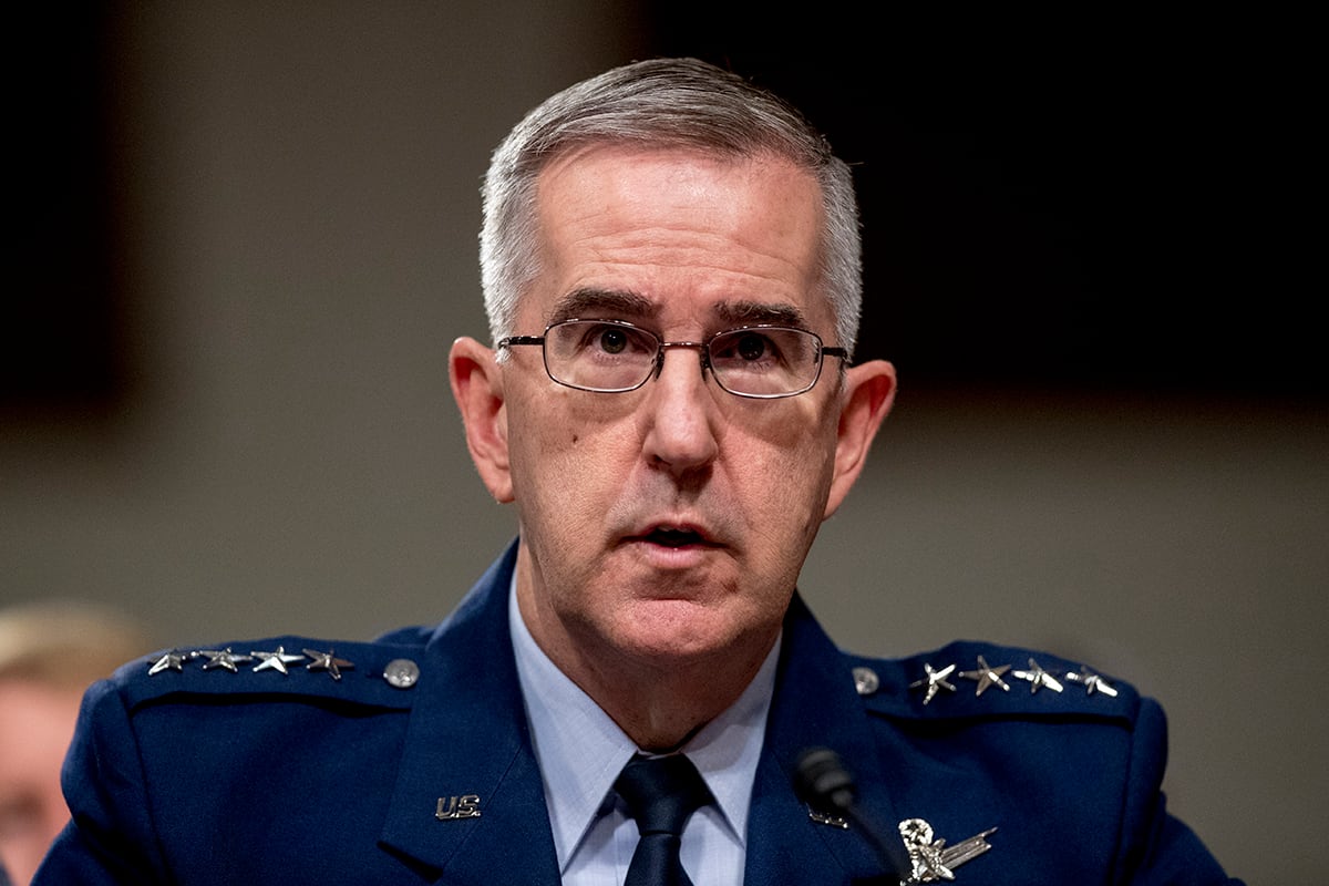 In this April 11, 2019, file photo, Gen. John Hyten, U.S. Strategic Command Commander,  testifies before a Senate Armed Services Committee hearing on Capitol Hill in Washington.