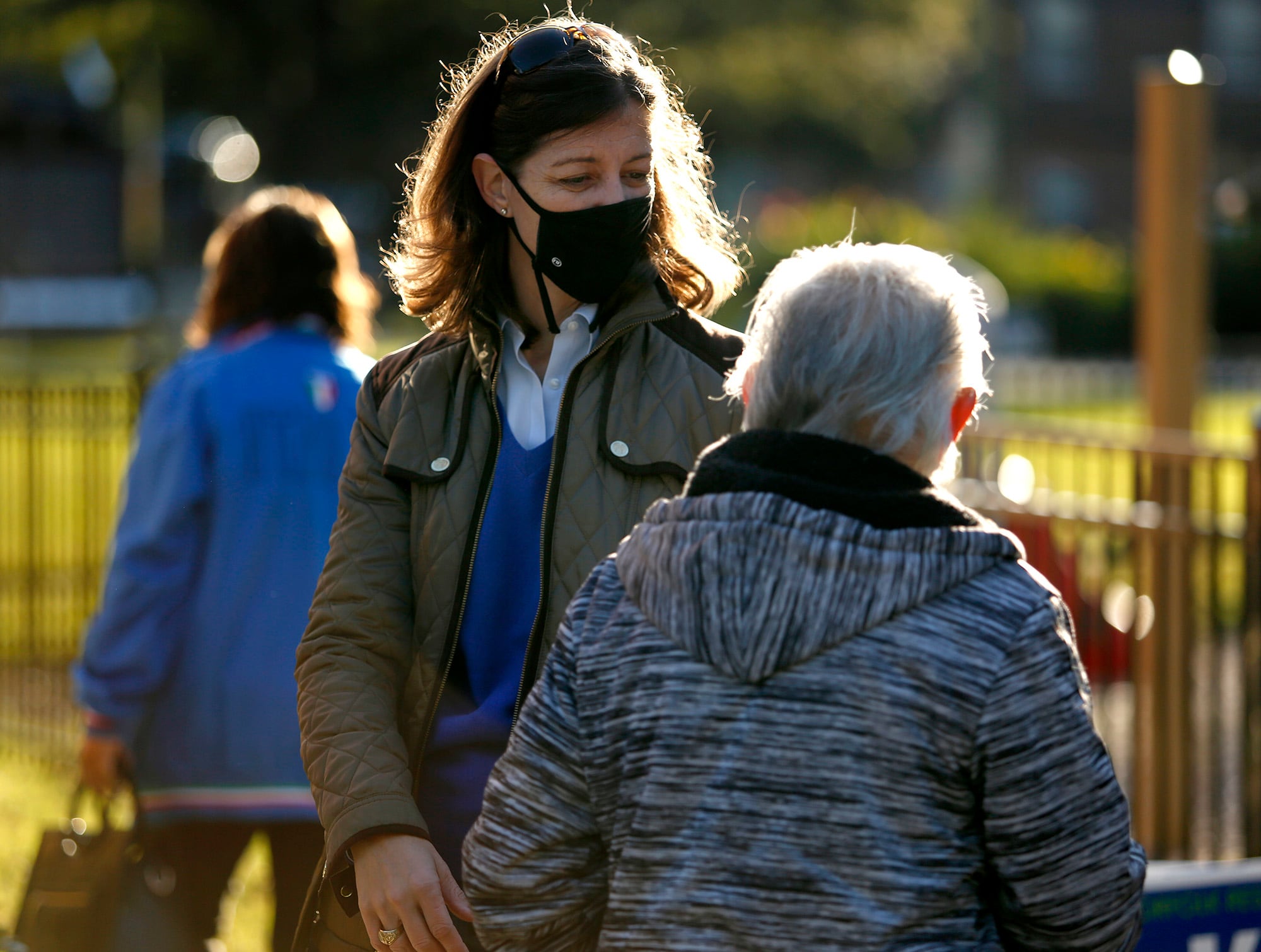 Rep. Elaine Luria greets a voter at Norfolk's Second Presbyterian Church polling place Tuesday, Nov. 3, 2020.