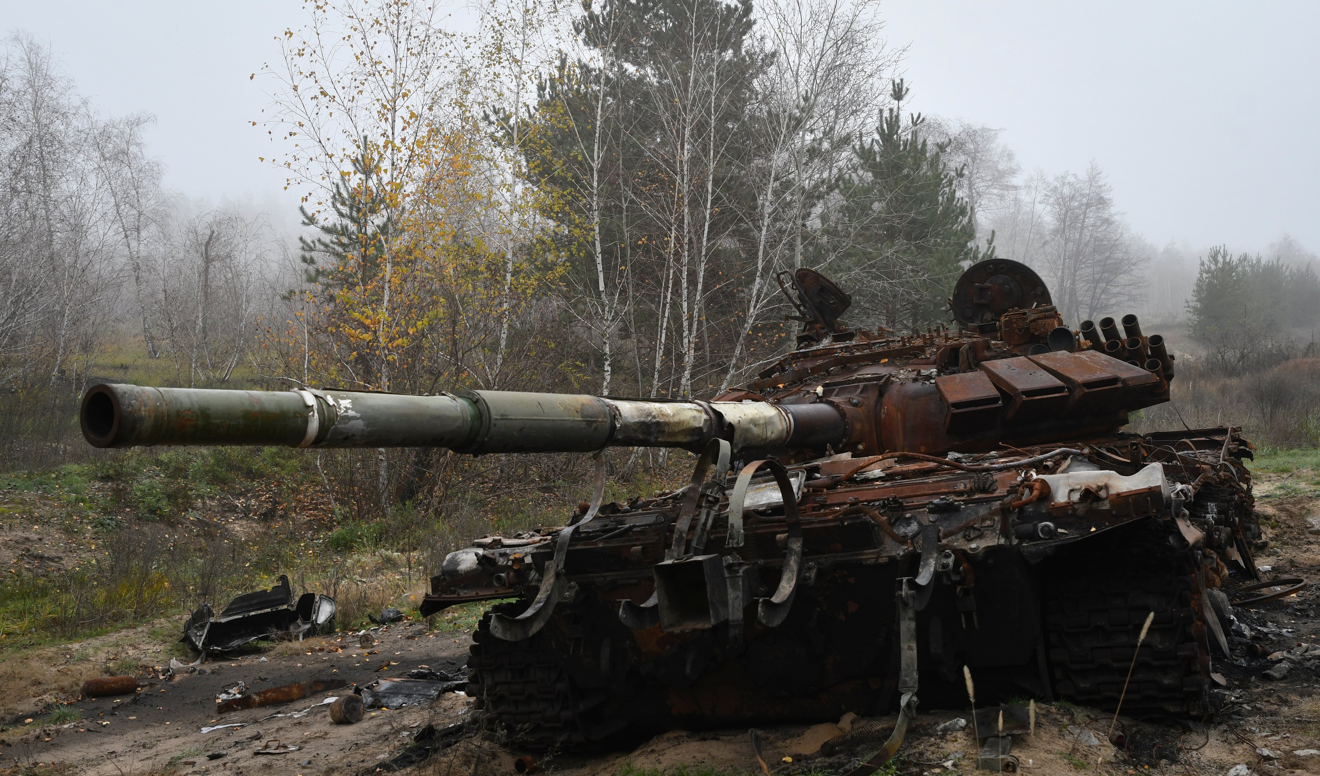 A destroyed Russian tank is seen near the recently recaptured village of Yampil, Ukraine, Wednesday, Nov. 9, 2022.