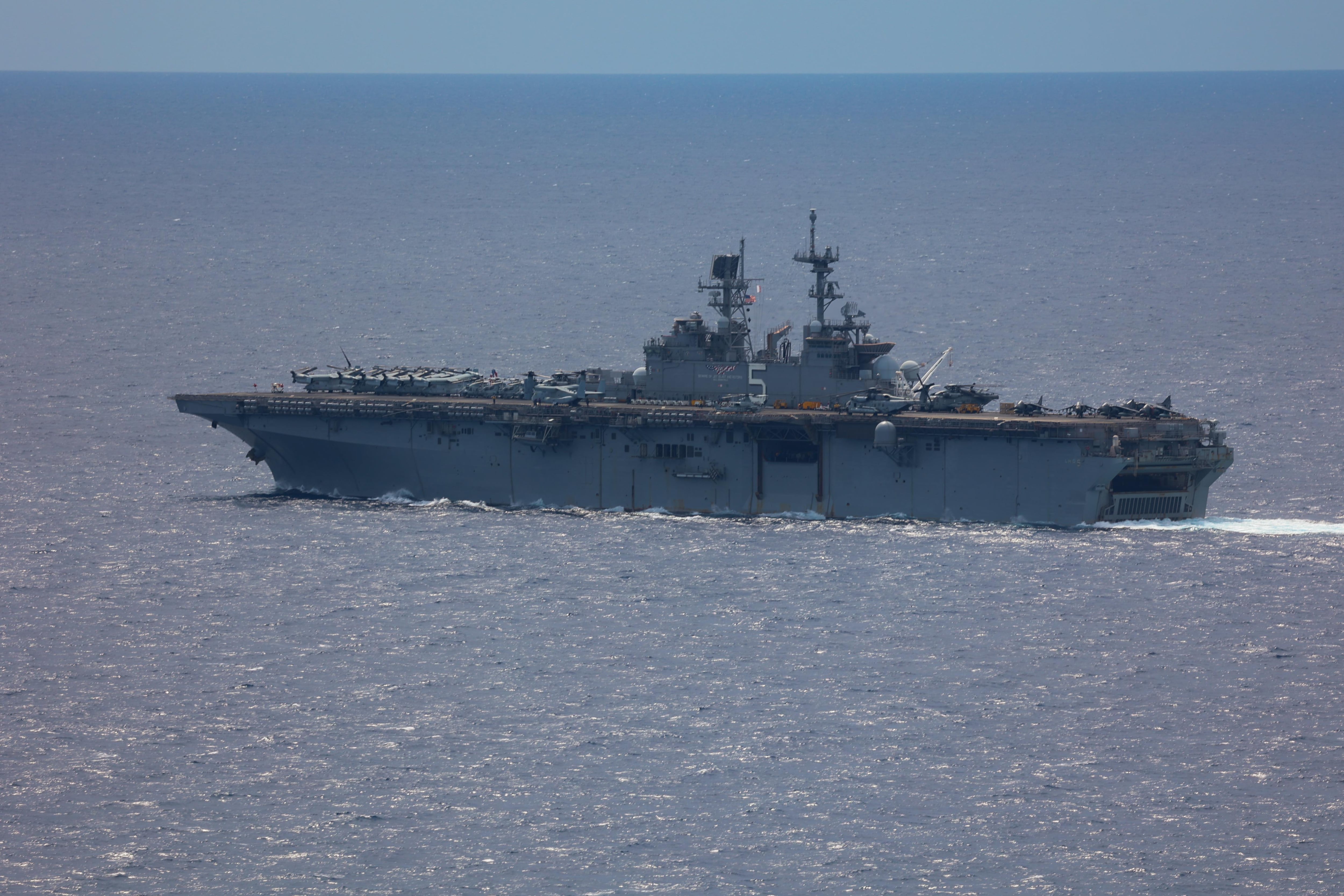 The amphibious assault ship Bataan conducts routine operations in the Atlantic Ocean on July 13, 2023, during deployment.