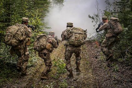 Infantrymen assigned to Alaska National Guard, U.S. Army, and U.S. Army Reserve units train on Joint Base Elemendorf-Richardson Aug. 26, 2020, as part of the Advanced Leadership Course held by the Alaska National Guard's 207th Multi-functional Training Regiment.