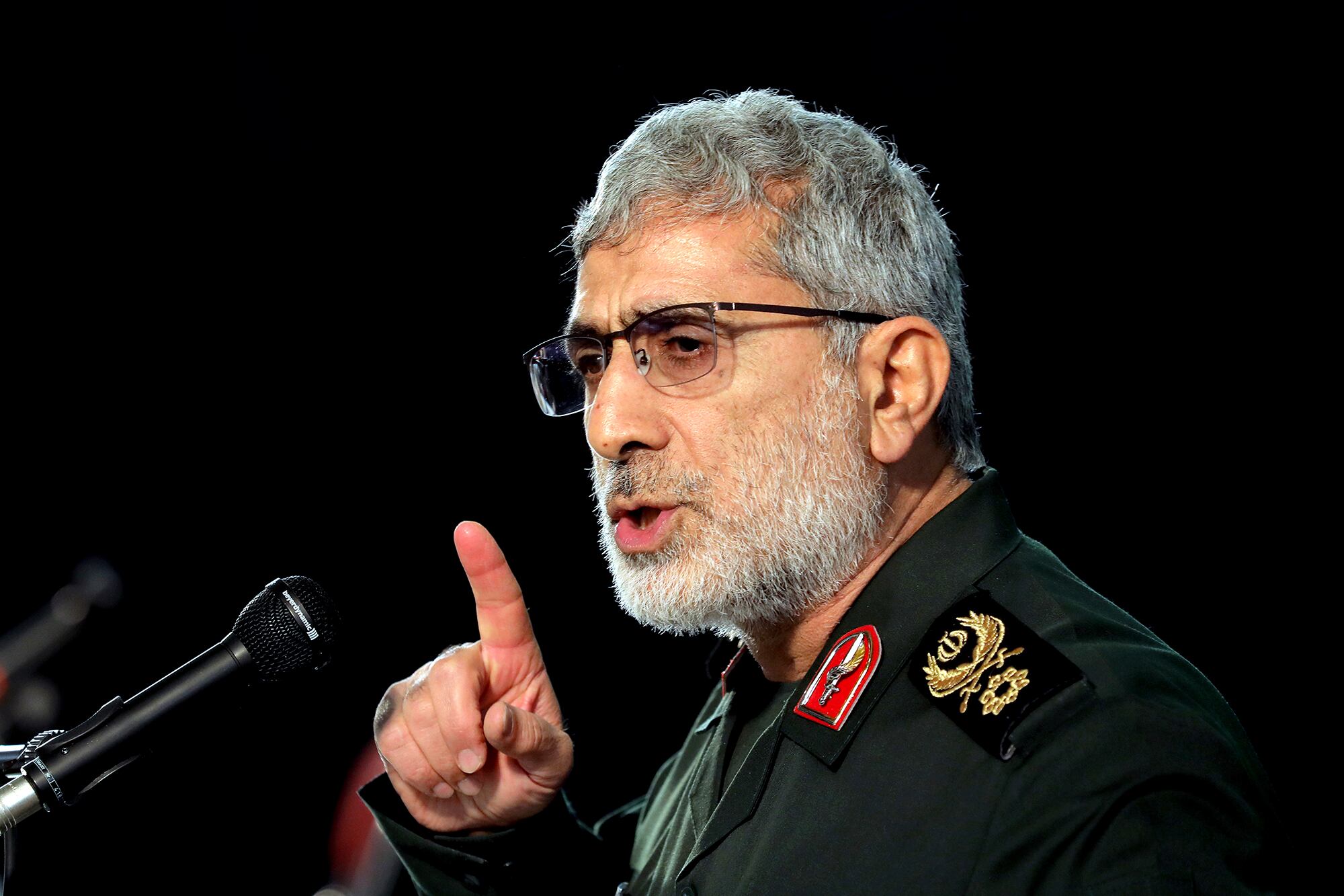 Gen. Esmail Ghaani, the head of the Quds Force, speaks during a ceremony on the occasion of first anniversary of the death of the force's previous head Gen. Qassem Soleimani, in Tehran, Iran, Friday, Jan. 1, 2021.