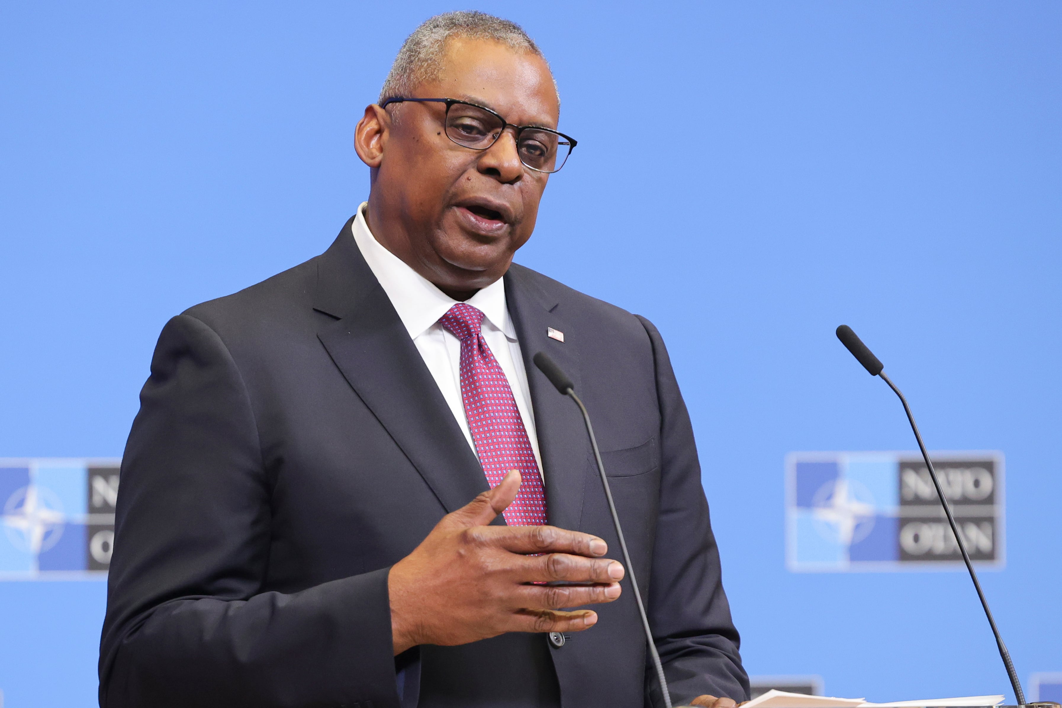 United States Secretary of Defense Lloyd Austin reads a statement following a NATO defense ministers meeting at NATO headquarters in Brussels, Wednesday, Feb. 15, 2023.