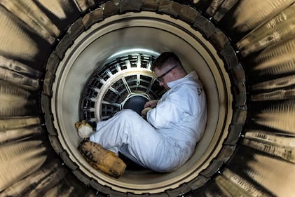 Airman 1st Class Johnathan Jenkins performs an augmented inspection on an F-15E Strike Eagle at Seymour Johnson Air Force Base, N.C., Oct. 28, 2020.