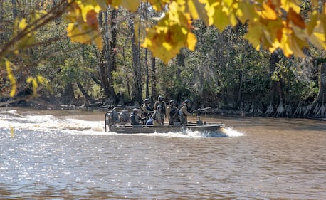 Naval Small Craft Instruction and Technical Training School students from Africa Command participate in a Patrol Craft Officer Riverine training exercise on the Pearl River near the John C. Stennis Space Center in Mississippi, Dec. 2, 2020.