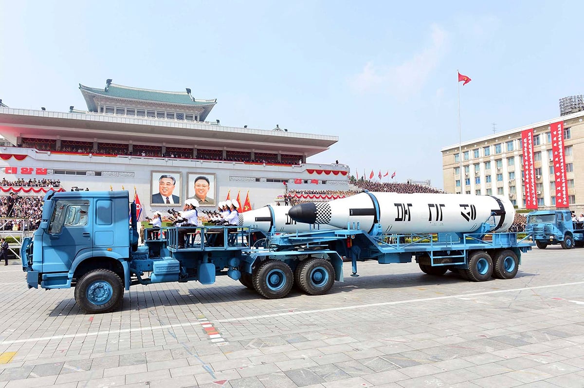 In this April 15, 2017, file photo, Polaris submarine launched ballistic missiles (SLBM) are paraded to celebrate the 105th birthday of Kim Il Sung, the country's late founder, in Pyongyang, North Korea.