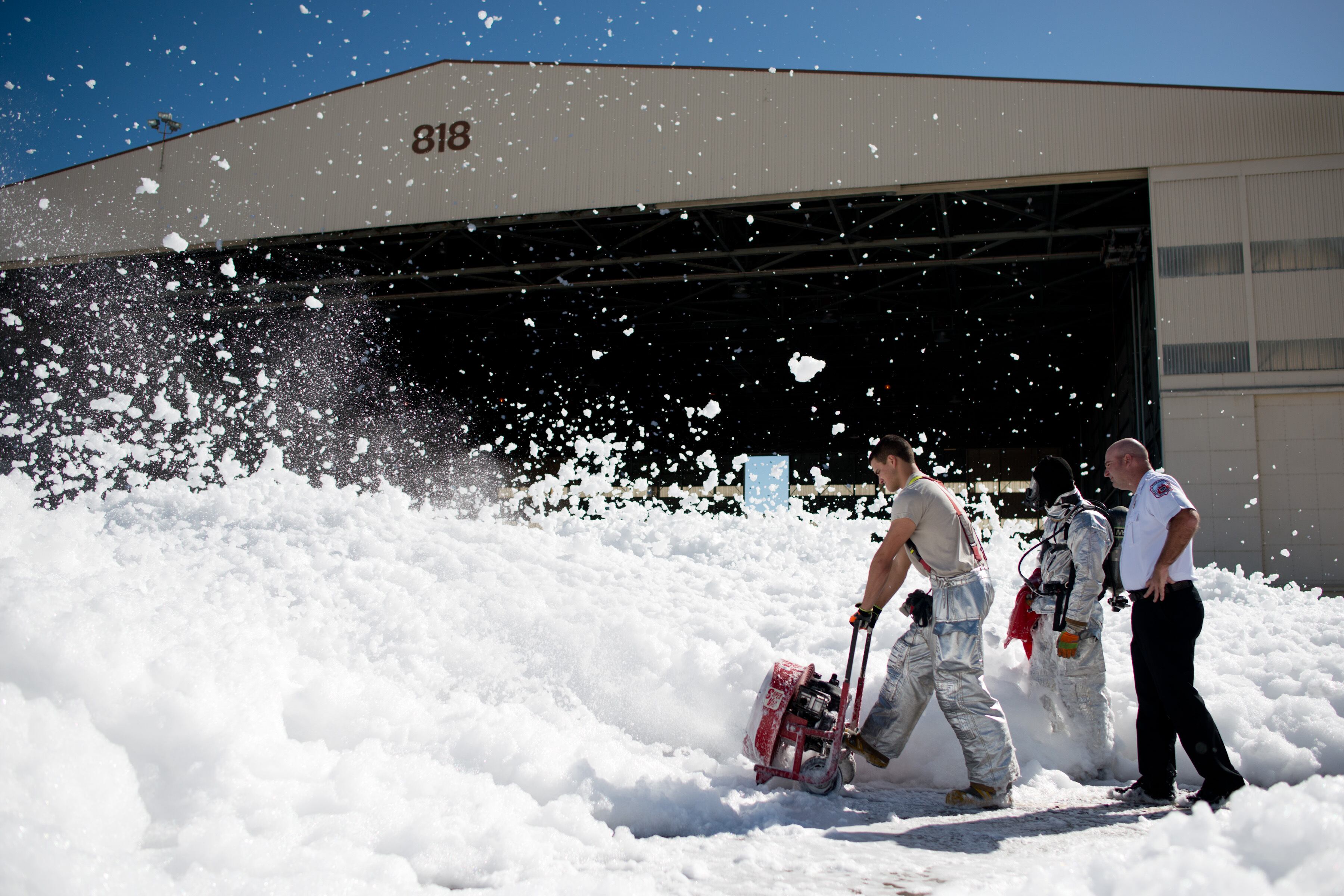 Fire-retardant foam was “unintentionally released” in an aircraft hangar at Travis Air Force Base in California on Sept. 24, 2013.