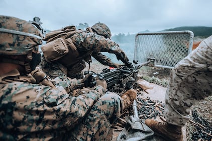 U.S. Marines fire an M2 .50 caliber machine gun on Camp Hansen, Okinawa, Japan, Aug. 26, 2020.