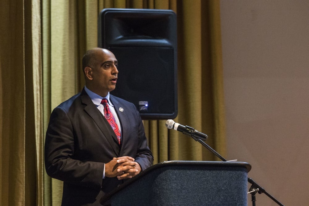 Ravi Chaudhary, a member of the President’s Advisory Commission on Asian Americans and Pacific Islanders, gives a speech to members in attendance about the contributions of AAPI soldiers on May 12, 2016, at Fort Bragg, North Carolina. (Staff Sgt. Christopher Freeman/Army)