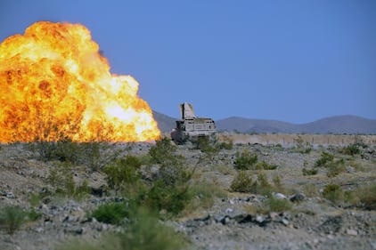 Soldiers detonate C4 from an Armored Breaching Vehicle while conducting a mine clearing line charge live-fire during their 19-09 rotation on July 17, 2019, at the National Training Center at Fort Irwin, Calif.