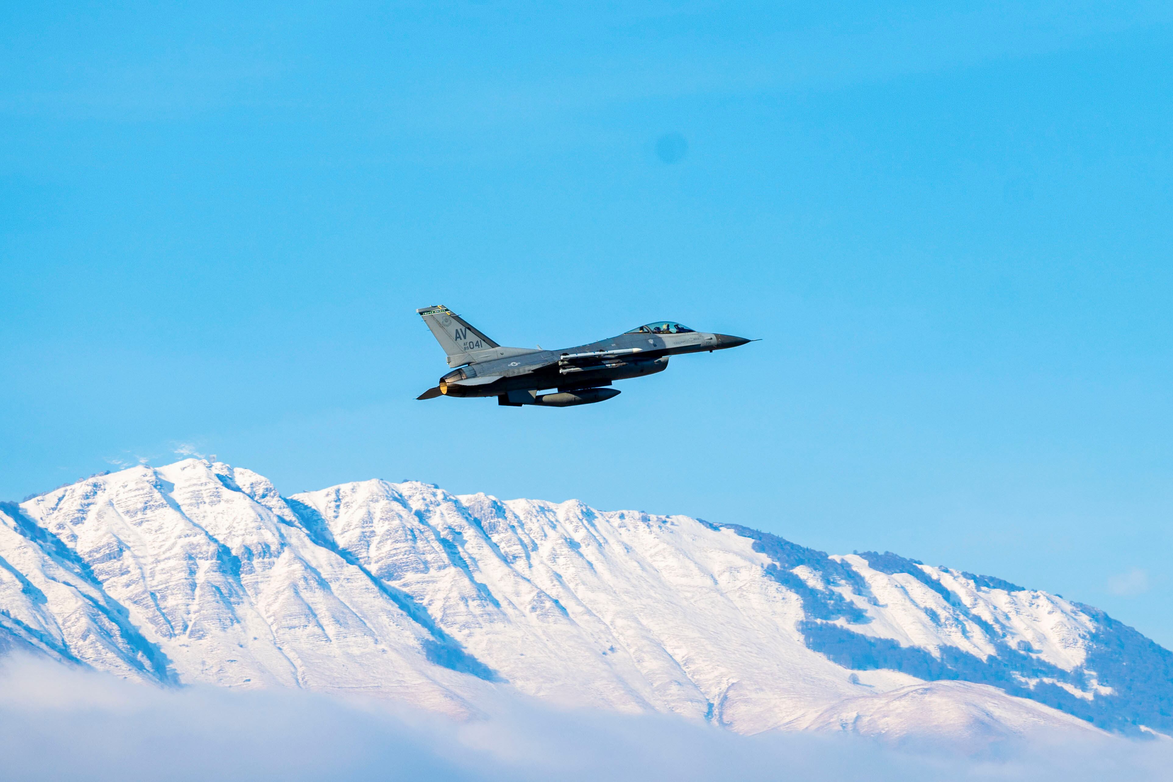 In this photo provided by the U.S. Embassy in Bosnia and Herzegovina, a U.S. Air Force F-16 Fighting Falcon flies as part of joint air-to-ground training involving American and Bosnian forces, on Monday, Jan. 8, 2024.