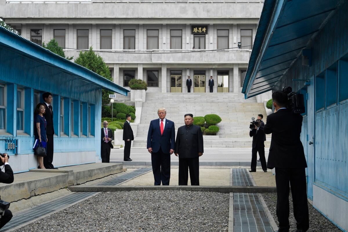 President Donald Trump meets with North Korean leader Kim Jong Un at the border village of Panmunjom in the Demilitarized Zone, South Korea, Sunday, June 30, 2019.