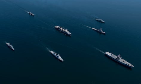 Ships from nations participating in exercise Baltic Operations (BALTOPS) 2020 sail in formation while in the Baltic Sea, June 8, 2020.