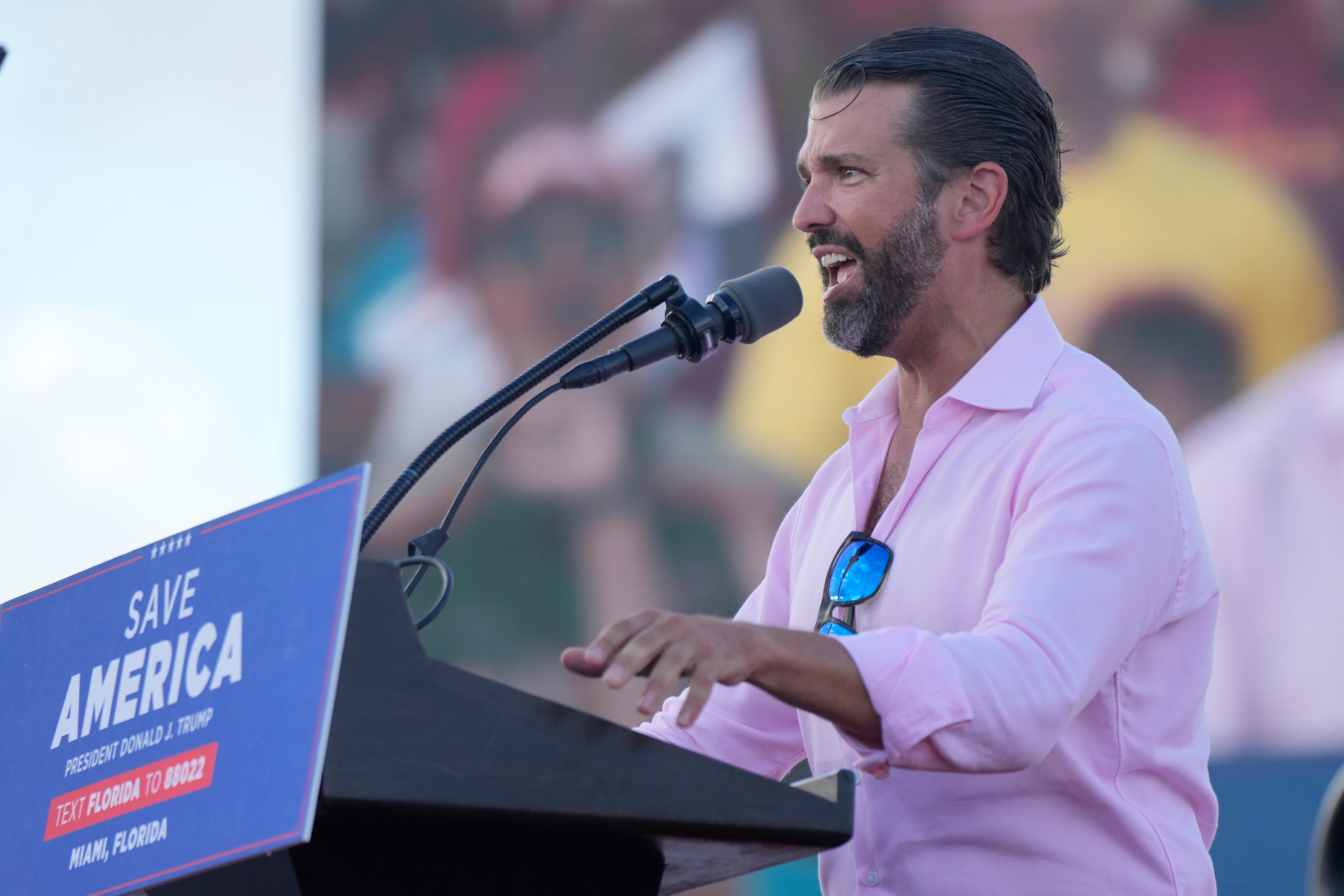 Donald Trump Jr. speaks before his father, former President Donald Trump at a campaign rally in support of the campaign of Sen. Marco Rubio, R-Fla., at the Miami-Dade County Fair and Exposition on Sunday, Nov. 6, 2022, in Miami.