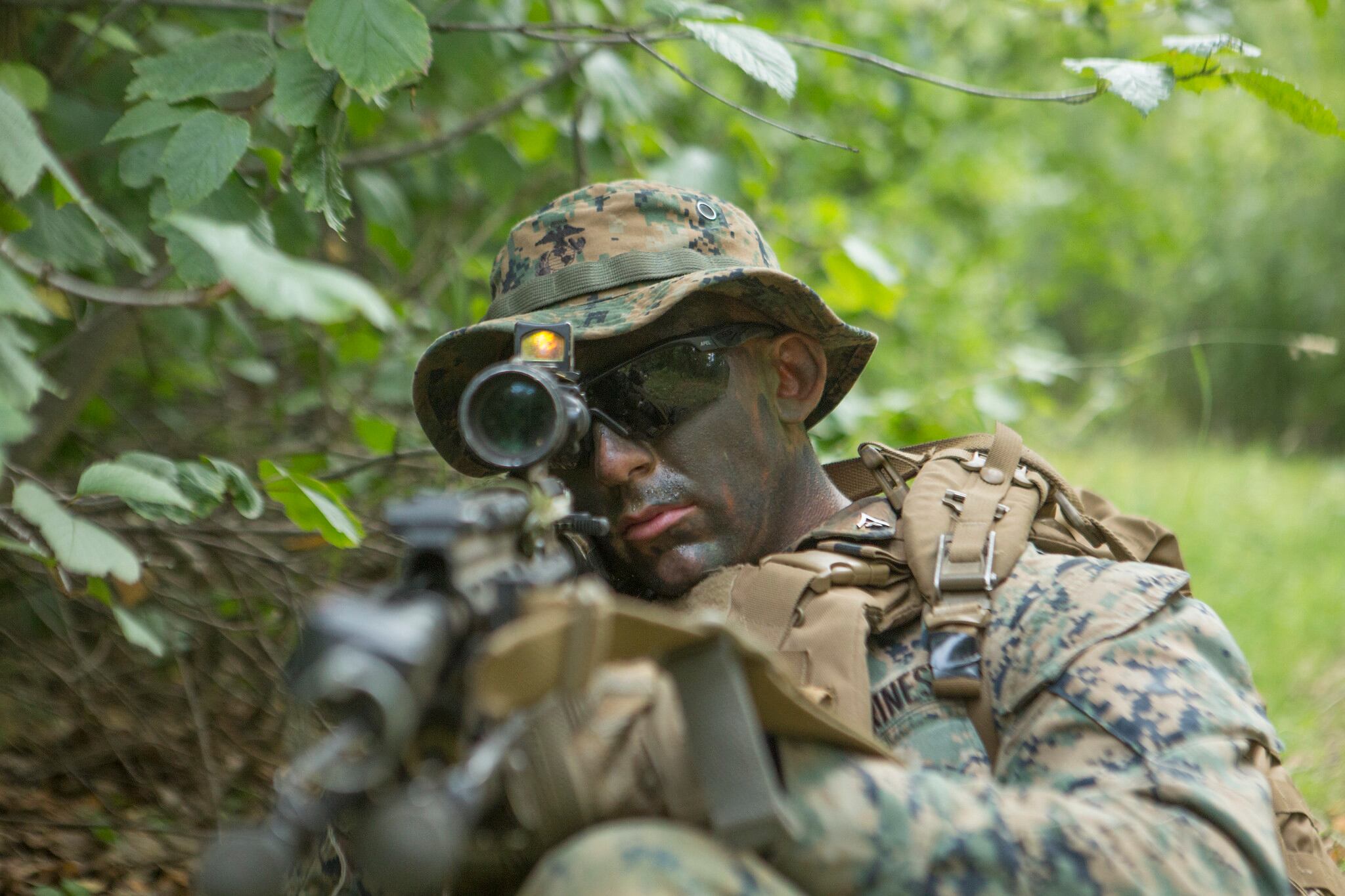 Lance Cpl. Dylan Beads posts security for his squad during the 4th Marine Division Super Squad Competition on Aug. 13, 2019, at Joint Base Elmendorf-Richardson.