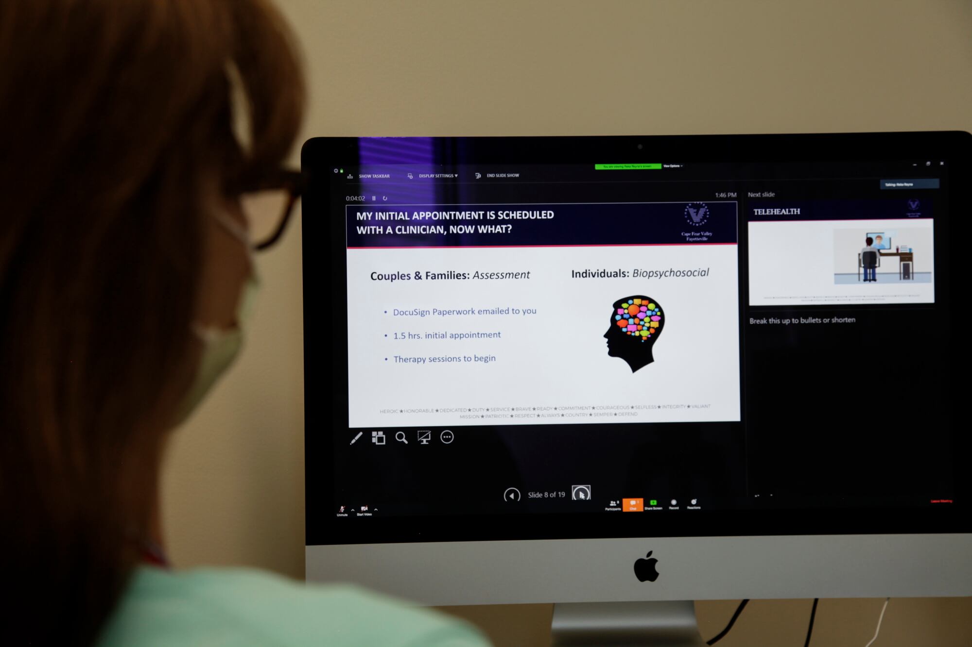 Margo Jarvis takes part in video teleconference at Cohen Veteran's Network's on Wednesday, April 22, 2020, in Fayetteville, N.C.