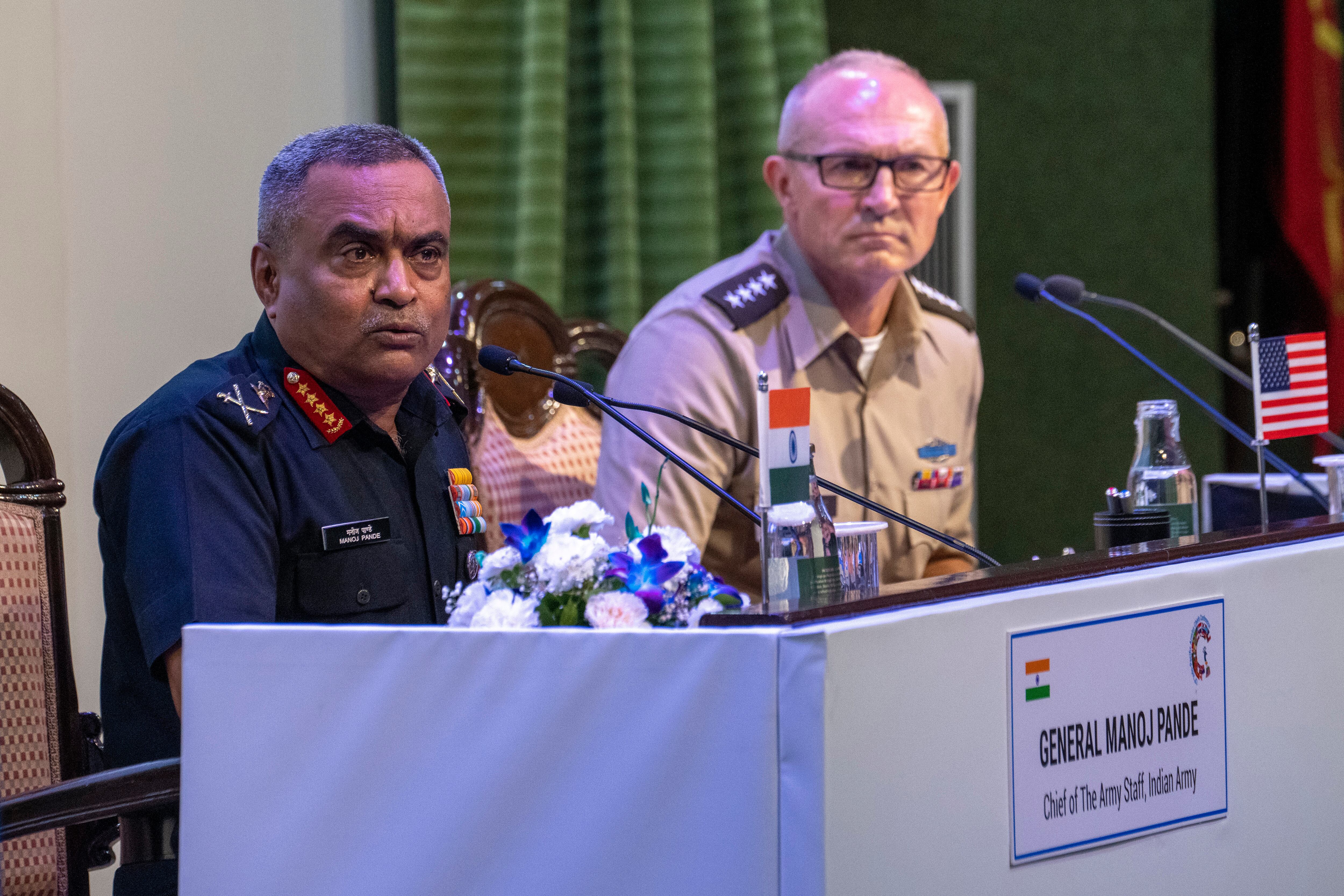 Indian Army chief Gen. Manoj Pande, left, speaks as Chief of staff of the U.S. Army Gen. Randy George, right, looks on during their joint press conference ahead of 13th Indo-Pacific Armies Chiefs Conference and 47th Indo-Pacific Armies Management Seminar in New Delhi, India, Tuesday, Sept. 26, 2023.