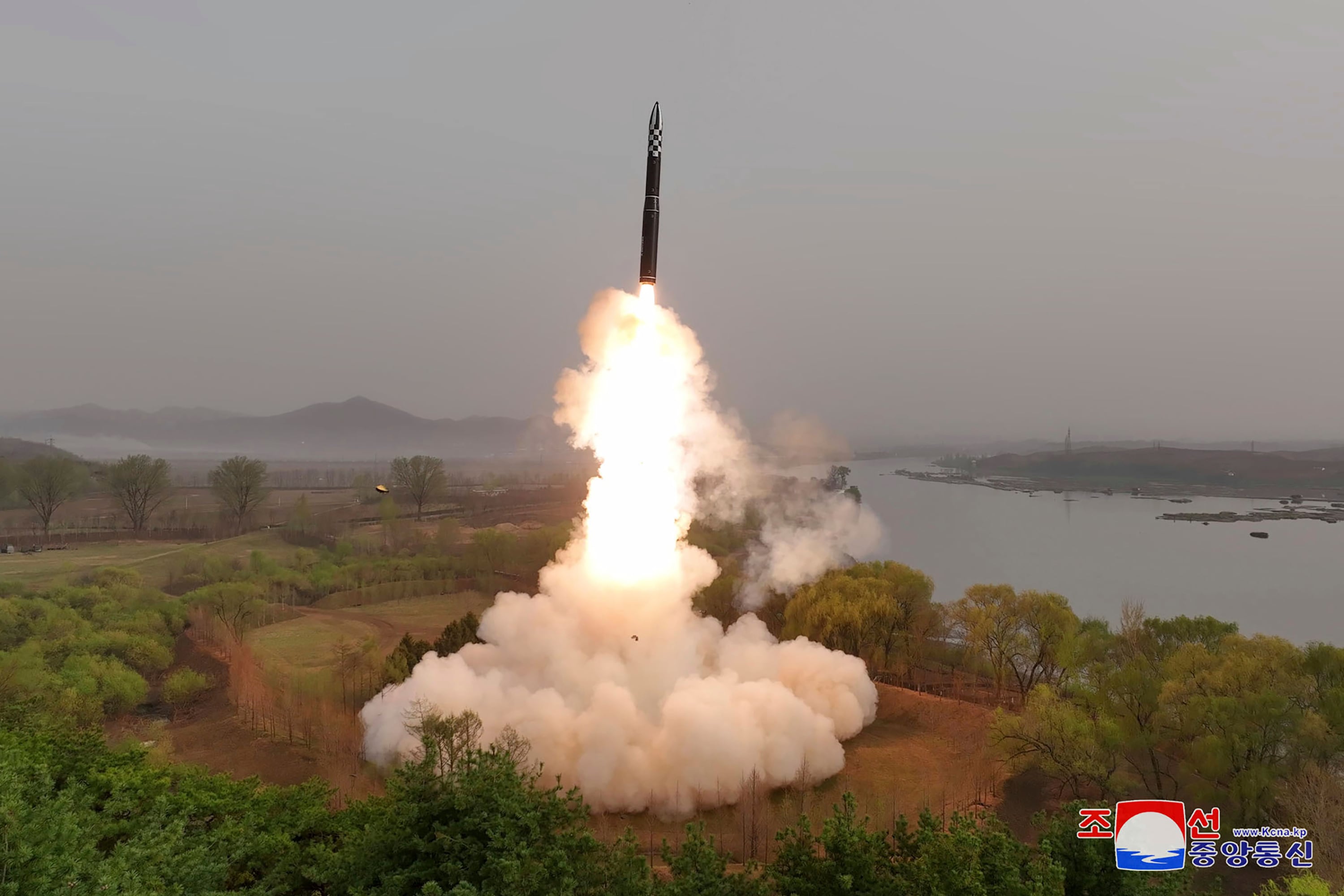 This photo provided April 14, 2023, by the North Korean government, shows what it says is the test-launch of Hwasong-18 intercontinental ballistic missile Thursday, April 13, 2023 at an undisclosed location, North Korea.