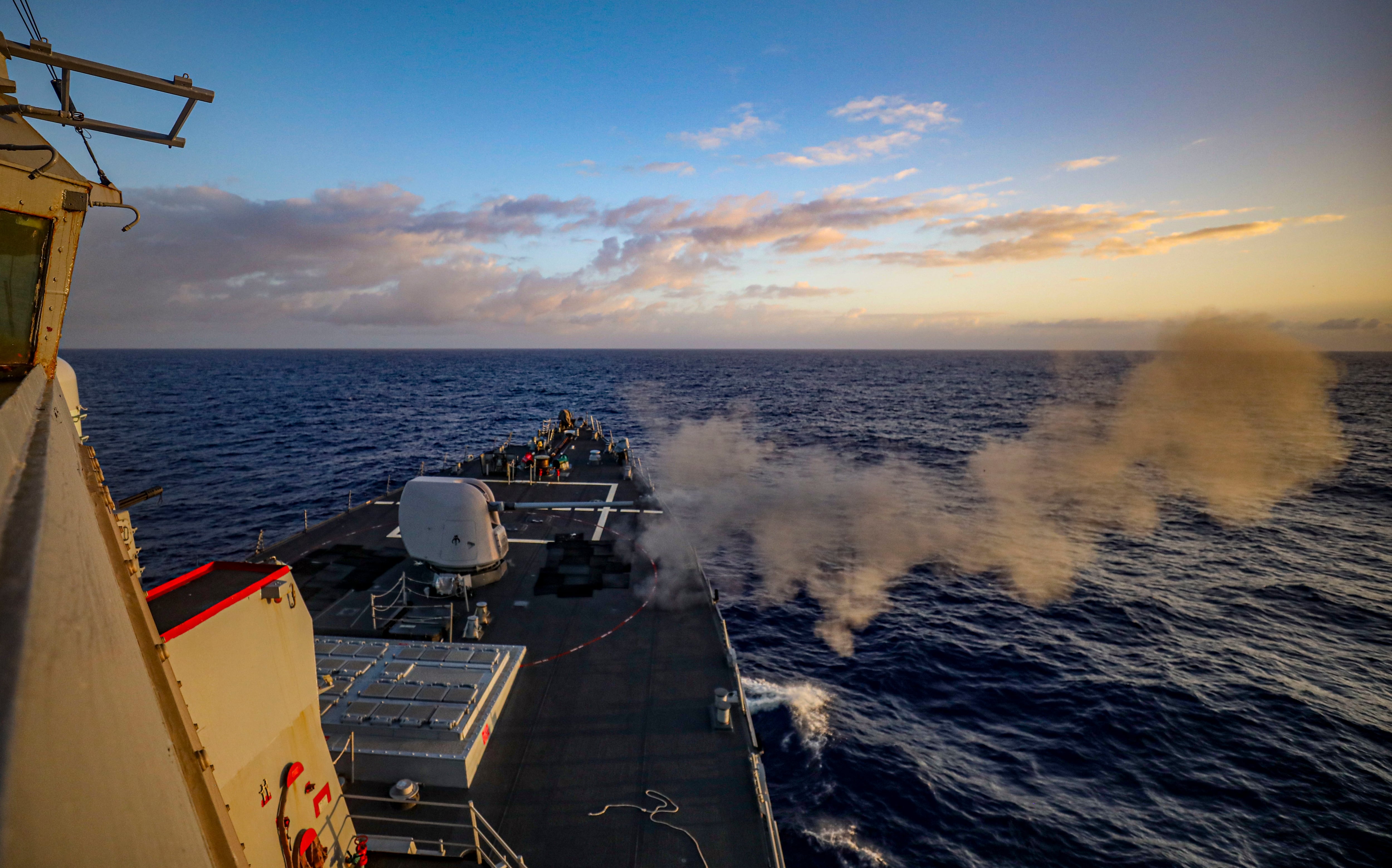 Guided-missile destroyer Benfold conducts a live-fire gunnery exercise as part of Keen Sword in the Philippine Sea, Nov. 13, 2022.