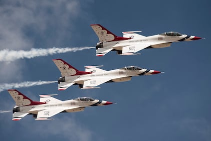 The U.S. Air Force Thunderbirds perform over Falcon Stadium during an airshow after the U.S. Air Force Academy Class of 2019 graduation ceremony in Colorado Springs, Colo.