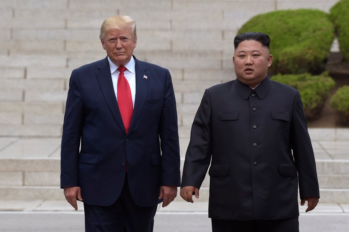 President Donald Trump meets with North Korean leader Kim Jong Un at the border village of Panmunjom in the Demilitarized Zone, South Korea, Sunday, June 30, 2019.