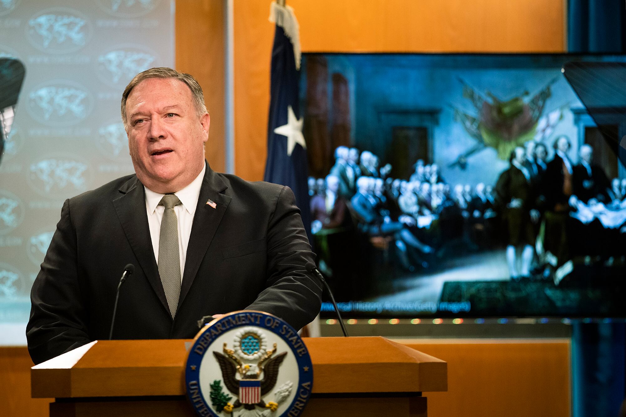 Secretary of State Mike Pompeo, speaks during a news conference at the State Department on July 1, 2020, in Washington.