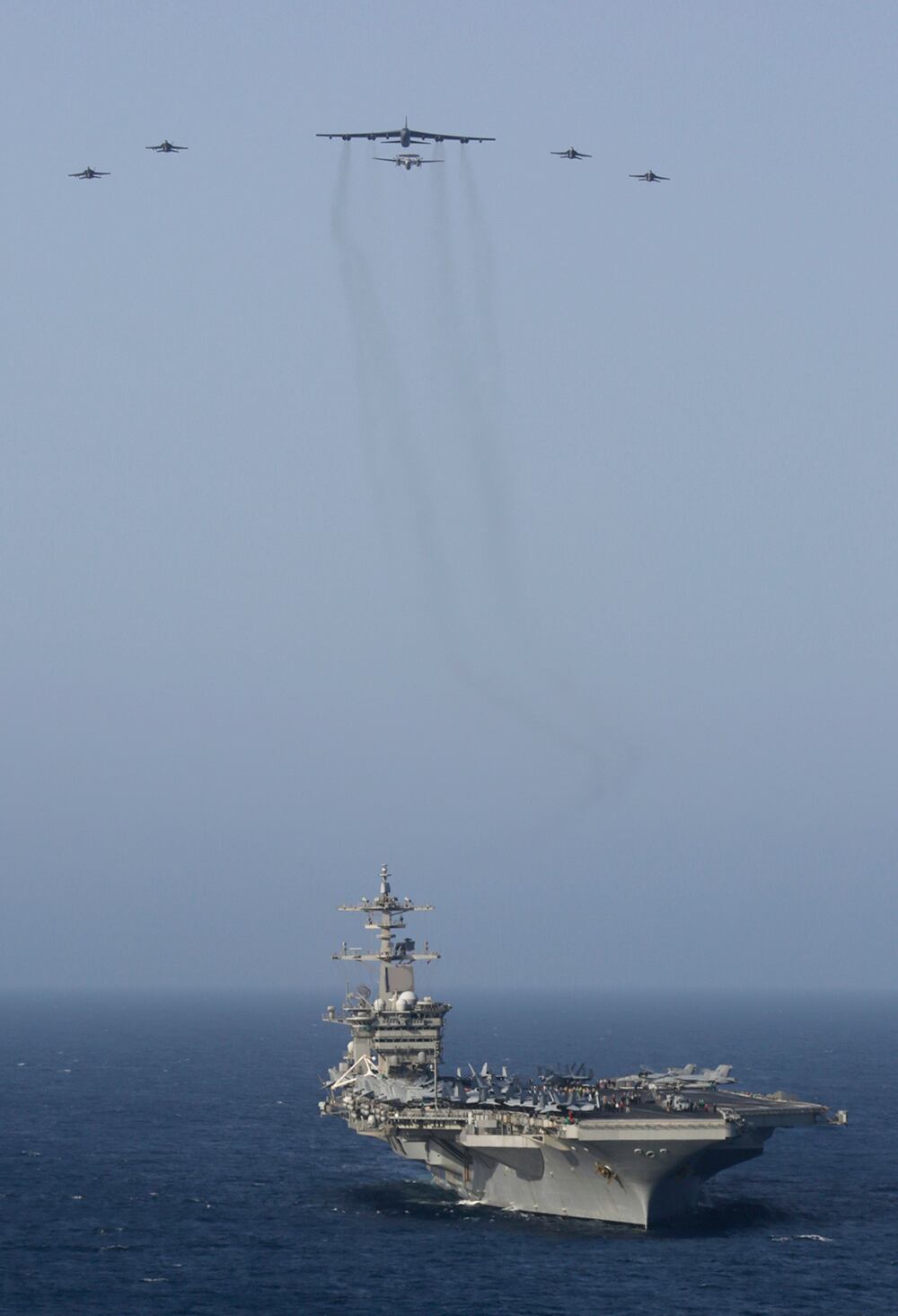 The Abraham Lincoln Carrier Strike Group and a U.S. Air Force B-52H Stratofortress conduct joint exercises in the Arabian Sea on June 1, 2019.