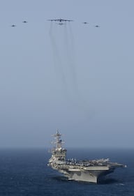 The Abraham Lincoln Carrier Strike Group and a U.S. Air Force B-52H Stratofortress conduct joint exercises in the Arabian Sea on June 1, 2019.