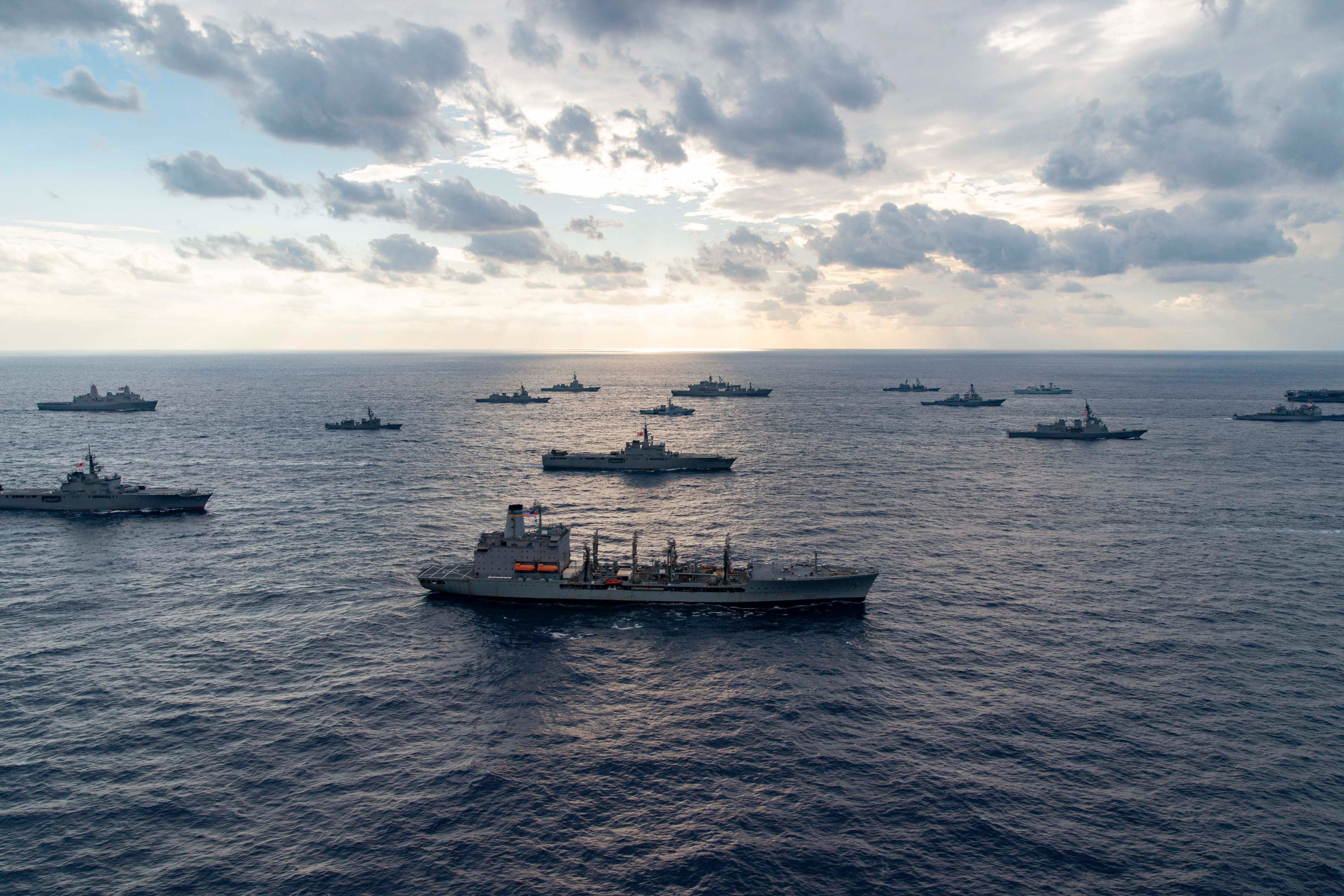 Ships from the U.S. Navy, Japan Maritime Self-Defense Force, Royal Navy, Royal Australian Navy and Royal Canadian Navy steam in formation during Keen Sword 23, in the Philippine Sea, Nov. 14.