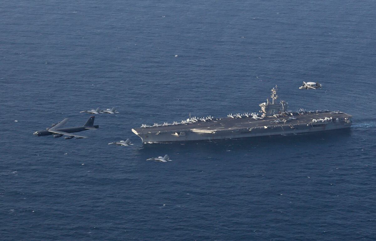 The Abraham Lincoln Carrier Strike Group and a U.S. Air Force B-52H Stratofortress conduct joint exercises in the Arabian Sea on June 1, 2019.